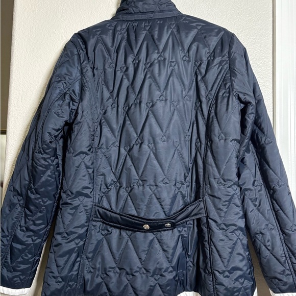 Daily Sports Navy Diamond/Heart Quilted Jacket with White Trim, Back Cinch Belt - Picture 2 of 16